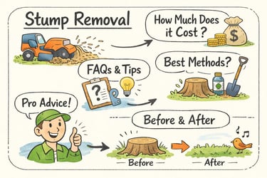 Guilmer Tree Service operating a stump grinder next to a freshly ground stump, illustrating costs and pro tips.