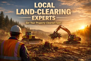 Guilmer Tree Services crew operating an excavator clearing trees and brush from a residential lot.