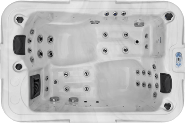 a hot tub with a white tub and a black background