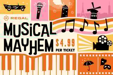 Regal Musical Mayhem promotional graphic featuring icons of a car, microphone, and piano keys.