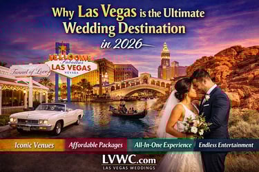 A romantic couple at a Las Vegas wedding destination featuring the iconic sign and sunset city skyline.