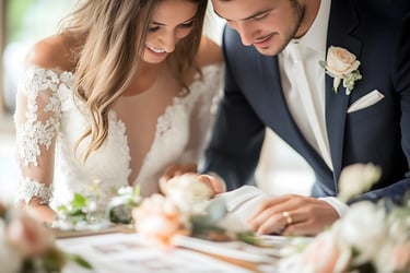 A smiling bride and groom signing their marriage certificate at a wedding ceremony.