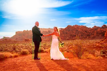 a bride and groom holding hands in the desert