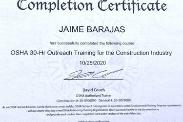 Osha Outreach certificate of completion