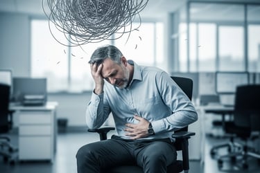 Pessoa sentada sentindo desconforto físico, com uma mão na cabeça e outra no estômago, ilustrando co