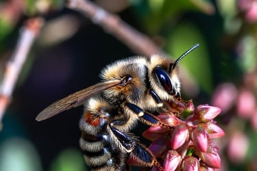 Een pluizige honingbij die nectar verzamelt uit kleine roze bloemknoppen op een heidebloem