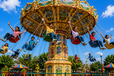 Excited children riding a colorful rotating swing carousel ride at an amusement park under a blue sky.
