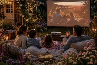 Family watching a movie on an outdoor projector screen in a cozy backyard garden with string lights.