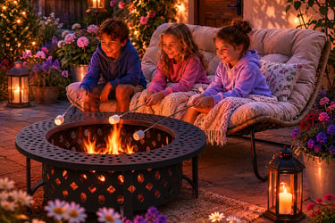 Children roasting marshmallows over a backyard fire pit with garden string lights and lanterns.