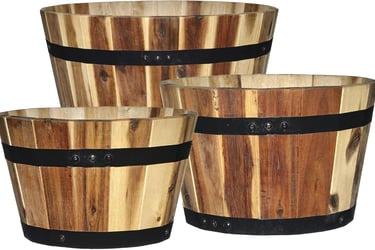 Set of three rustic acacia wood barrel planters with decorative black metal bands.