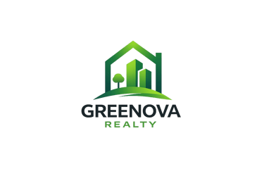 Greenova Realty logo featuring a green house outline over a city skyline and tree on a black background.