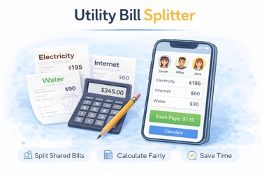 Utility bill split calculator showing electricity, water, and internet costs divided fairly between multiple people 