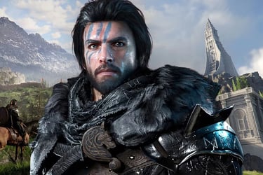 A Viking warrior with blue face paint and fur armor stands before a mountain castle.