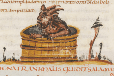 lustración medieval de una salamandra saliendo de un pozo de agua en el Physiologus Bernensis