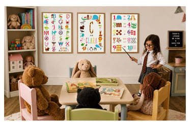 Young girl playing teacher in a cosy playroom with animal alphabet, personalised initial and number educational prints