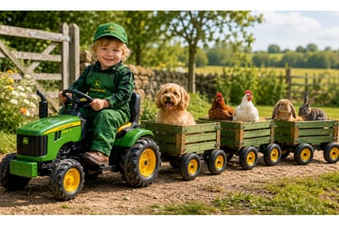 Little boy wearing John Deere overalls driving a toy tractor with a dog, chickens and rabbits in trailers