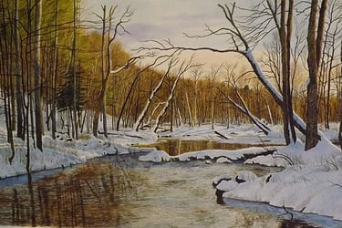 A serene winter landscape painting of a frozen river flowing through a snowy forest at sunset.