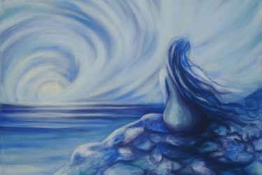 art, acrylic painting, abstract realism, sunset, vortex, seaside, female, seascape