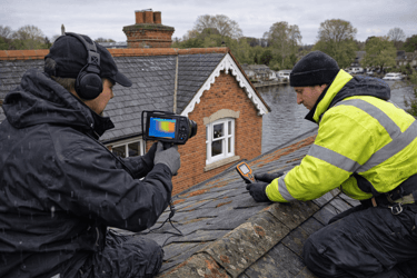 Professional roofer detecting and repairing roof leak source on Surrey residential property