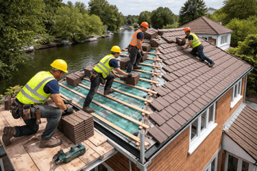 Professional roofers carrying out roof work on residential property in Sunbury-on-Thames, Surrey