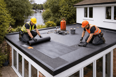 Professional roofers carrying out roof work on residential property in Walton-on-Thames, Surrey