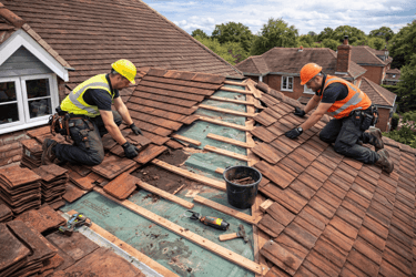 Professional roofers carrying out roof work on residential property in Weybridge, Surrey