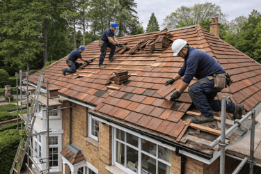 Professional roofers carrying out roof work on residential property in Weybridge, Surrey
