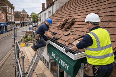 Roofers at work on Cobham High Street