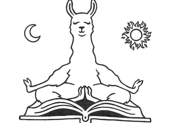 Luradel Press logo of llama sitting on an open book, lively read-aloud yoga animal stories for kids