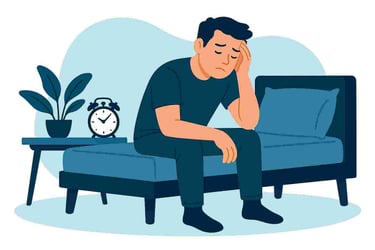 En man som sitter vid sin säng och är nedstämd med en klocka och blomma