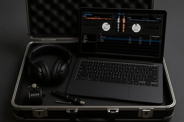 a laptop computer and headphones in a suitcase