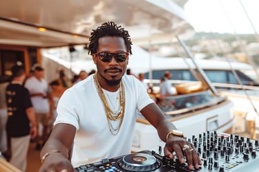 a man in sunglasses and sunglasses is playing music on a boat