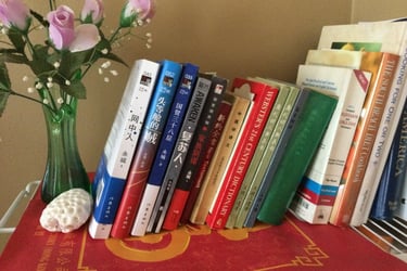 永城的书藉在书架上。