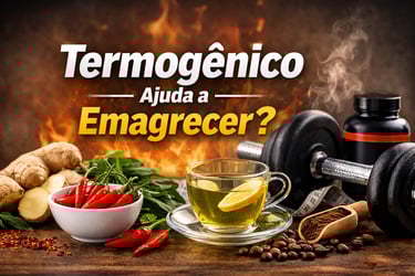 Alimentos termogênicos com chá e halteres, destacando emagrecimento.