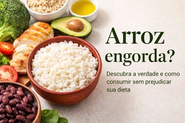 Tigela de arroz branco acompanhada de feijão, frango grelhado, abacate e legumes frescos, com o títu