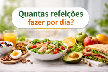 Refeições saudáveis variadas com título sobre quantas refeições fazer por dia