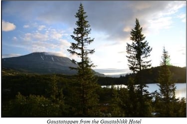 Gaustatoppen in the distance, trees in the foreground