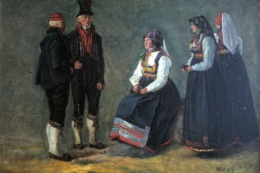 A painting of two men and three women in traditional costume
