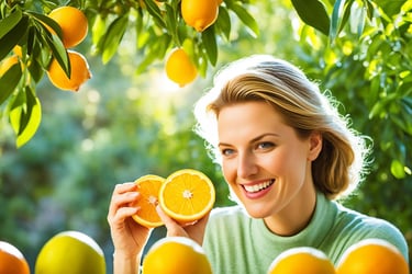 a woman holding a slice of oranges in front of a bunch of oranges