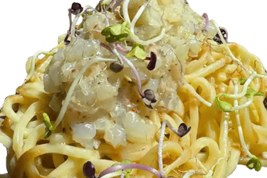 Spaghetti au tartare de crevettes et sa bisque maison