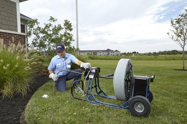 A man in a blue shirt is holding a hose
