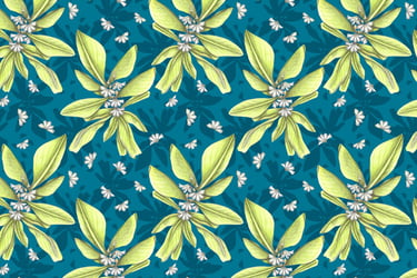 Hand-drawn tropical plant pattern with a blue backgorund
