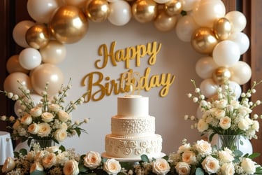 Luxury birthday cake table with white and gold decorations, neutral balloon garland, and elegant floral designs by Las Caroli