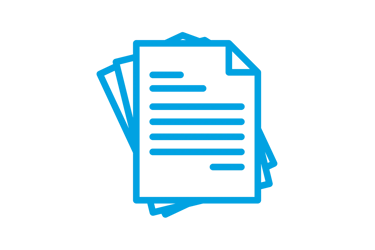 Ícone azul de papéis empilhados representando emissão de documentos, controle de legalização.