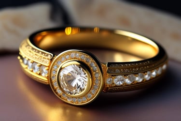 a gold wedding ring with a diamond set in the center
