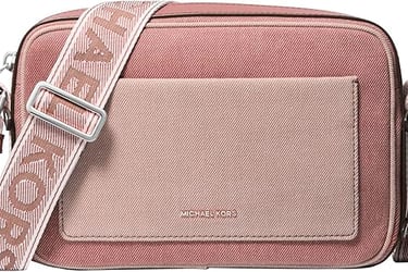 a pink and beige cross body bag with a pink and white cross bodysuit