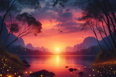 A serene river at dusk with glowing fireflies, symbolizing reflection and emotional depth.