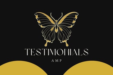 Elegant gold butterfly logo for AMP Testimonials on a black background with decorative gold curves.