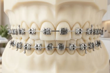 Modelo odontológico de arcada dentária com aparelho ortodôntico fixo metálico tradicional.