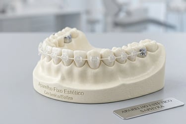 Modelo de arcada dentária em ângulo lateral mostrando aparelho fixo com braquetes de safira transparentes.